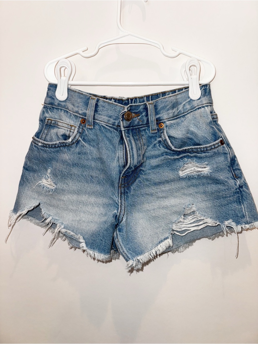 Zara Light Blue Distressed Denim Shorts